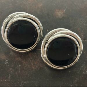 Vintage Napier Black Lucite with Silver Swirl Clip Earrings